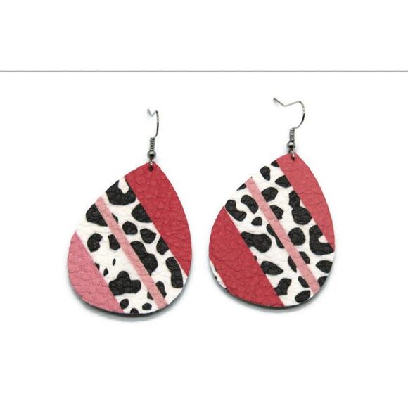 Lightweight Genuine Leather Animal Print with Pink Stripes Teardrop Earrings - Picture 2 of 3